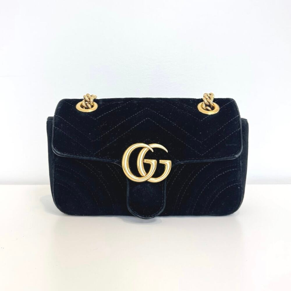GUCCI Marmont Black Velvet Gold Chain Shoulder Bag GG Logo Chevron Heart Handbag